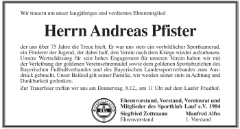 Traueranzeige von Andreas Pfister von Pegnitz-Zeitung